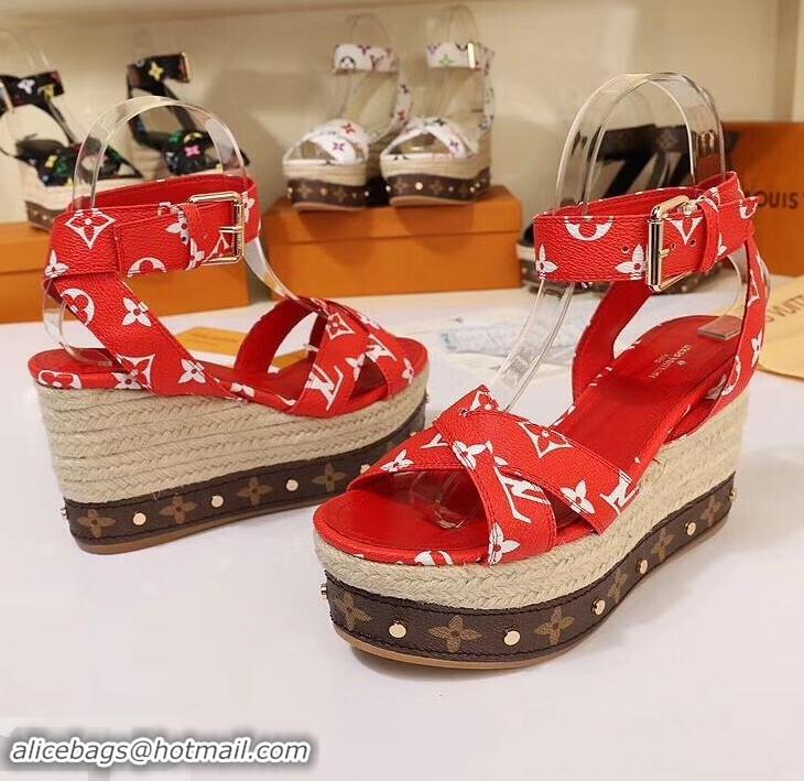 Duplicate Louis Vuitton Heel 10cm Platform 6cm Timelapse Wedge Sandals Monogram Canvas LV94909 Red 2019