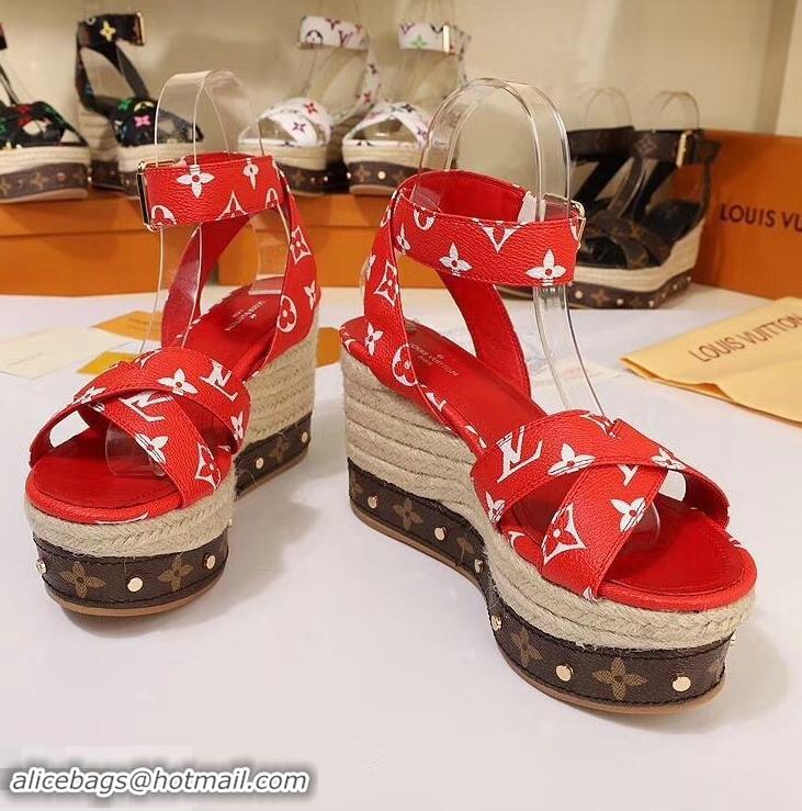 Duplicate Louis Vuitton Heel 10cm Platform 6cm Timelapse Wedge Sandals Monogram Canvas LV94909 Red 2019