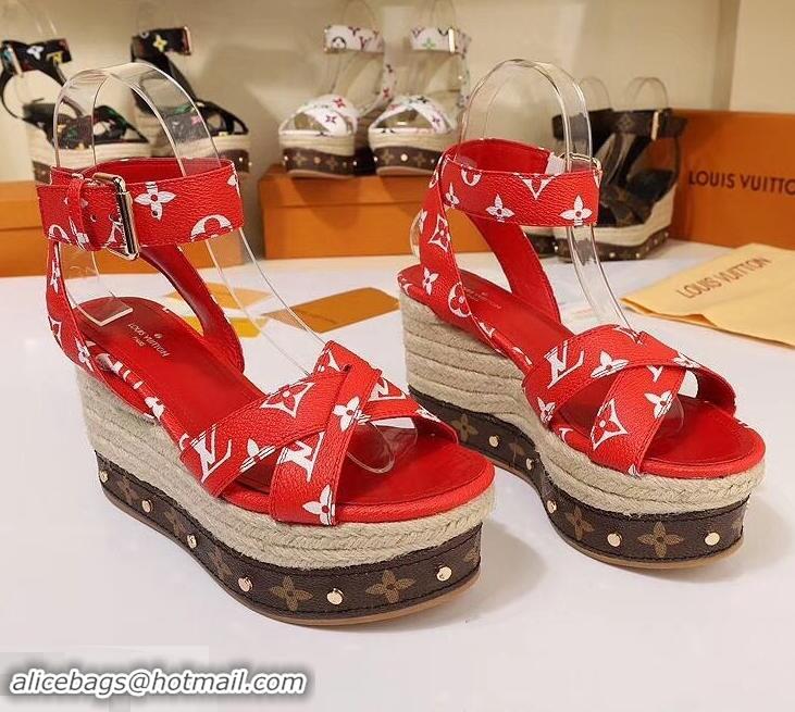 Duplicate Louis Vuitton Heel 10cm Platform 6cm Timelapse Wedge Sandals Monogram Canvas LV94909 Red 2019