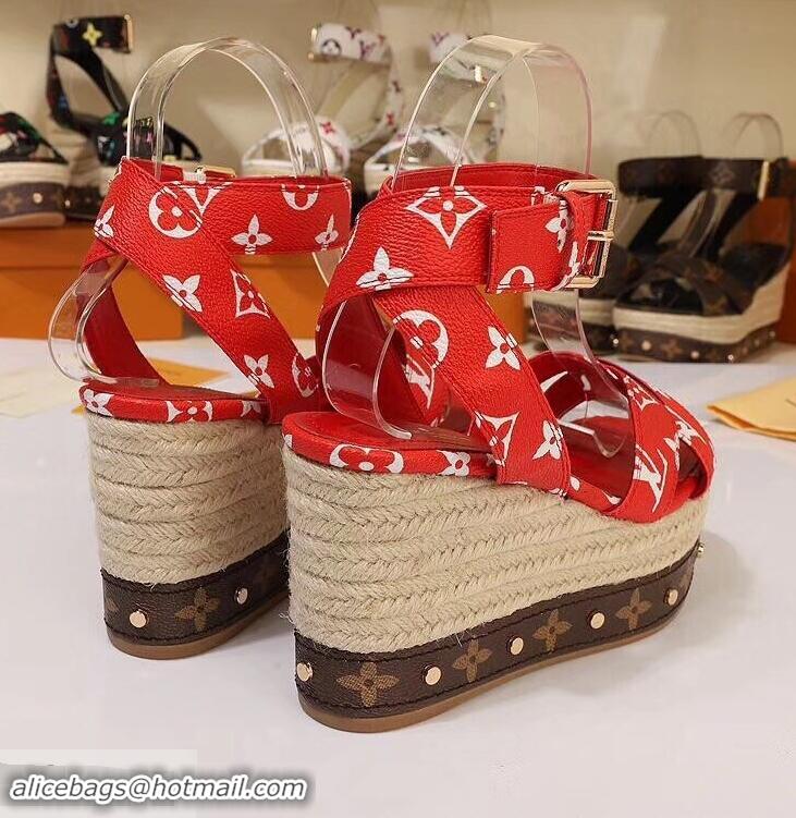 Duplicate Louis Vuitton Heel 10cm Platform 6cm Timelapse Wedge Sandals Monogram Canvas LV94909 Red 2019