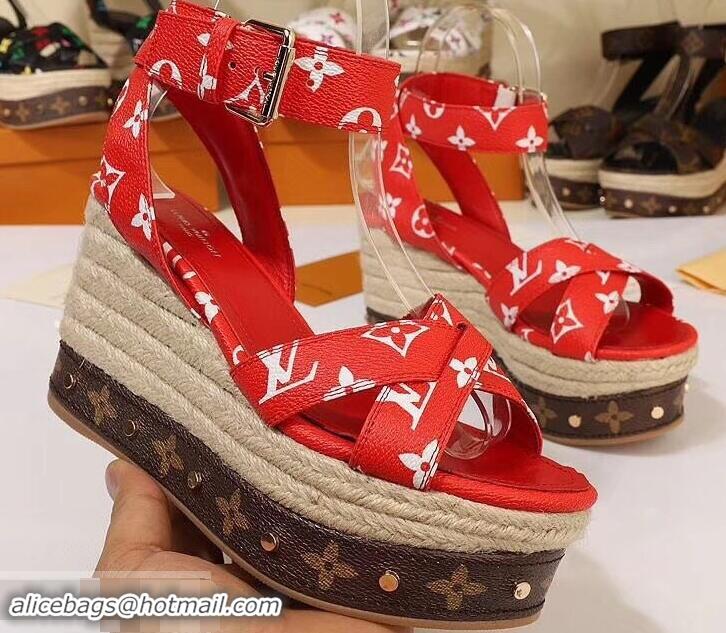 Duplicate Louis Vuitton Heel 10cm Platform 6cm Timelapse Wedge Sandals Monogram Canvas LV94909 Red 2019