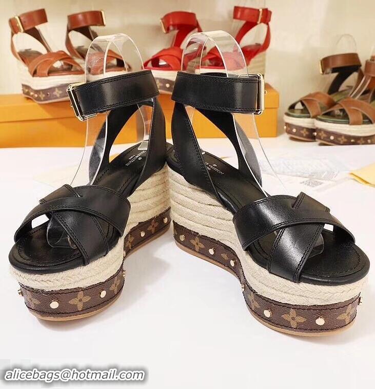 Low Price Louis Vuitton Heel 10cm Platform 6cm Timelapse Wedge Sandals Monogram Canvas LV94909 Black 2019