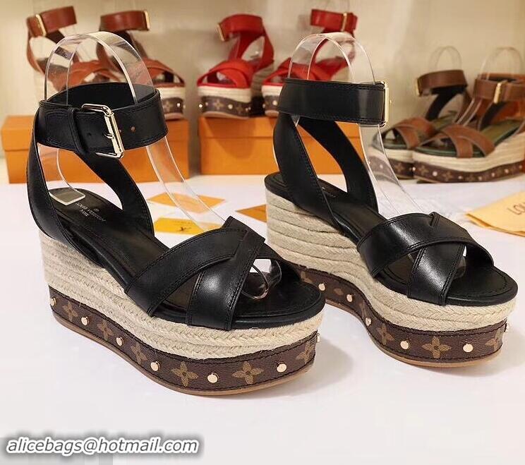 Low Price Louis Vuitton Heel 10cm Platform 6cm Timelapse Wedge Sandals Monogram Canvas LV94909 Black 2019