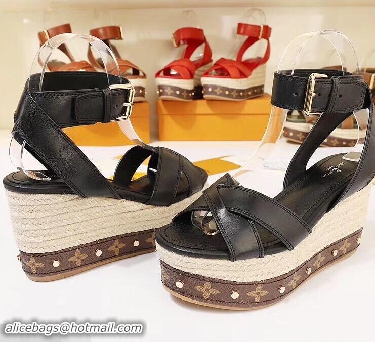 Low Price Louis Vuitton Heel 10cm Platform 6cm Timelapse Wedge Sandals Monogram Canvas LV94909 Black 2019