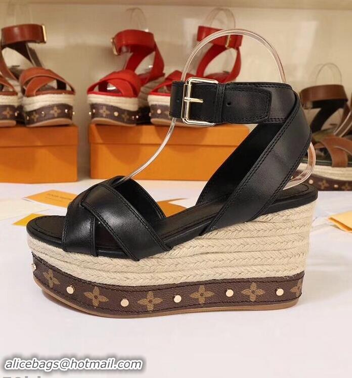 Low Price Louis Vuitton Heel 10cm Platform 6cm Timelapse Wedge Sandals Monogram Canvas LV94909 Black 2019