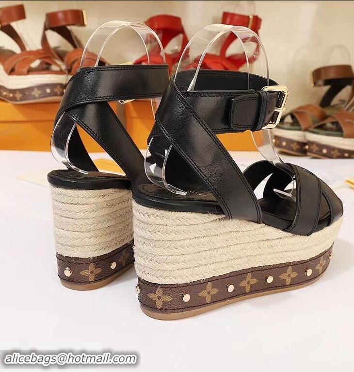 Low Price Louis Vuitton Heel 10cm Platform 6cm Timelapse Wedge Sandals Monogram Canvas LV94909 Black 2019