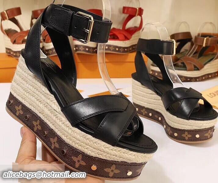 Low Price Louis Vuitton Heel 10cm Platform 6cm Timelapse Wedge Sandals Monogram Canvas LV94909 Black 2019