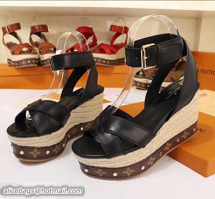 Low Price Louis Vuitton Heel 10cm Platform 6cm Timelapse Wedge Sandals Monogram Canvas LV94909 Black 2019