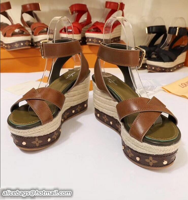 Good Quality Louis Vuitton Heel 10cm Platform 6cm Timelapse Wedge Sandals LV94912 Brown 2019