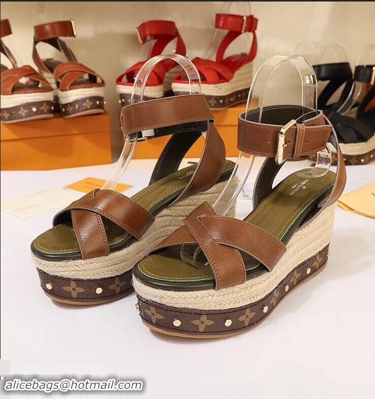 Good Quality Louis Vuitton Heel 10cm Platform 6cm Timelapse Wedge Sandals LV94912 Brown 2019