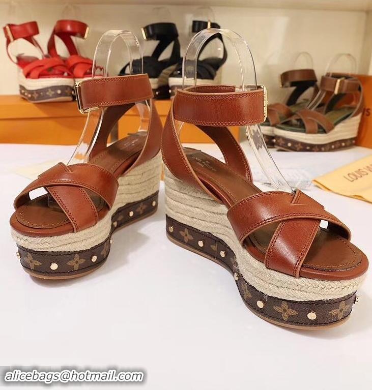 Cheapest Louis Vuitton Heel 10cm Platform 6cm Timelapse Wedge Sandals LV94912 Caramel 2019