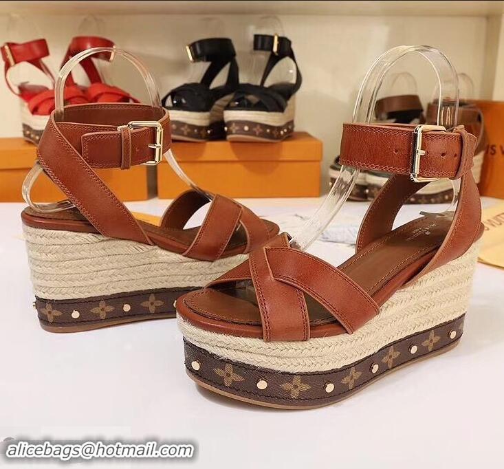 Cheapest Louis Vuitton Heel 10cm Platform 6cm Timelapse Wedge Sandals LV94912 Caramel 2019