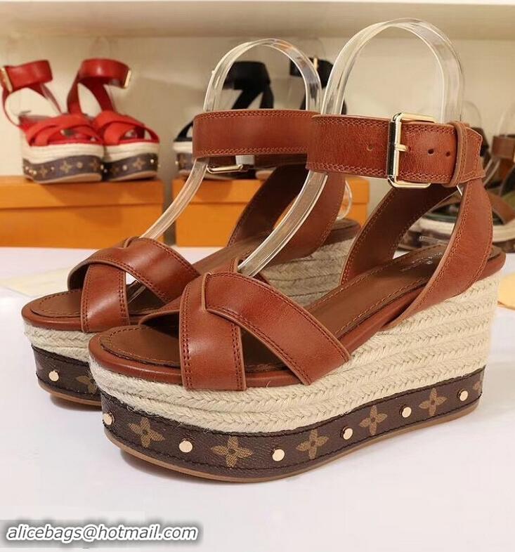 Cheapest Louis Vuitton Heel 10cm Platform 6cm Timelapse Wedge Sandals LV94912 Caramel 2019