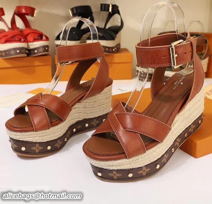 Cheapest Louis Vuitton Heel 10cm Platform 6cm Timelapse Wedge Sandals LV94912 Caramel 2019