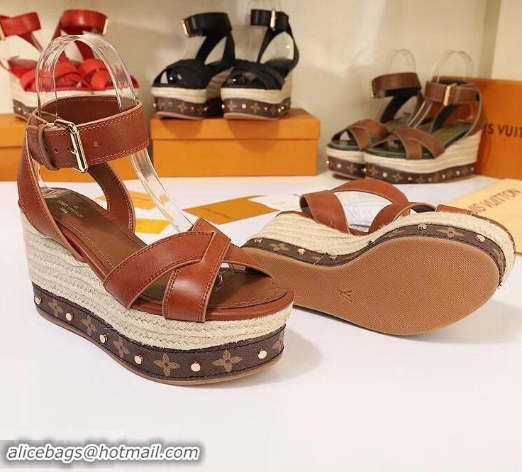 Cheapest Louis Vuitton Heel 10cm Platform 6cm Timelapse Wedge Sandals LV94912 Caramel 2019