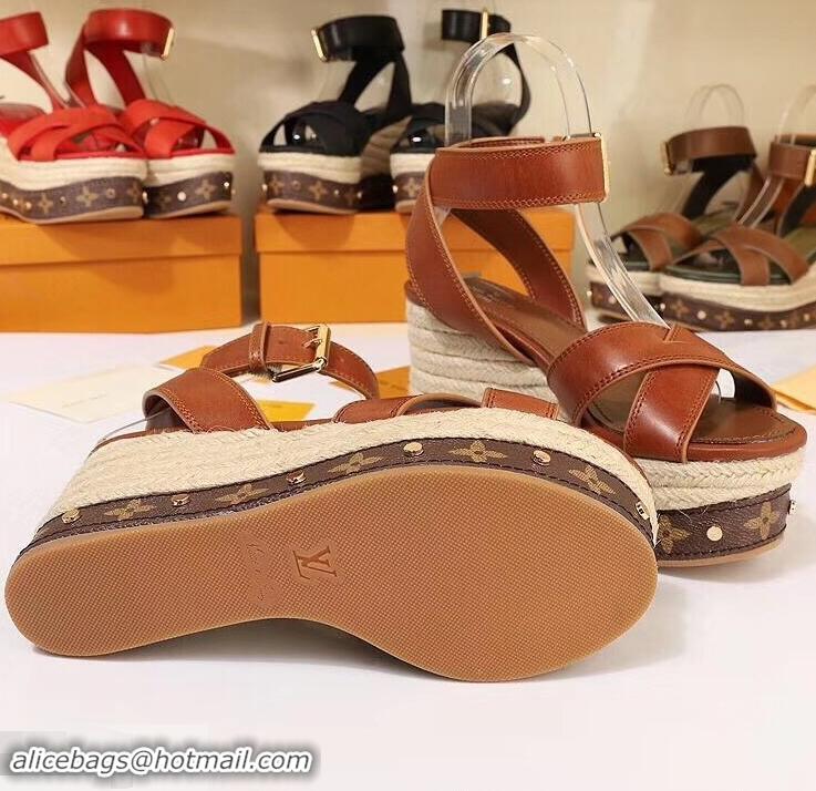 Cheapest Louis Vuitton Heel 10cm Platform 6cm Timelapse Wedge Sandals LV94912 Caramel 2019