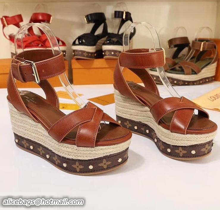 Cheapest Louis Vuitton Heel 10cm Platform 6cm Timelapse Wedge Sandals LV94912 Caramel 2019