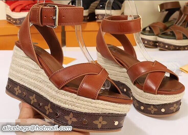 Cheapest Louis Vuitton Heel 10cm Platform 6cm Timelapse Wedge Sandals LV94912 Caramel 2019