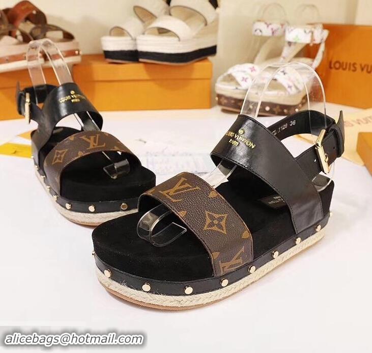 Discount Louis Vuitton Calf Leather and Patent Monogram Canvas Timelapse Sandals LV94915 Black 2019