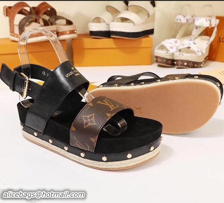 Discount Louis Vuitton Calf Leather and Patent Monogram Canvas Timelapse Sandals LV94915 Black 2019