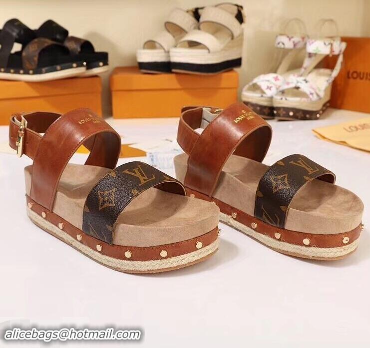 Cheap Louis Vuitton Calf Leather and Patent Monogram Canvas Timelapse Sandals LV94915 Brown 2019