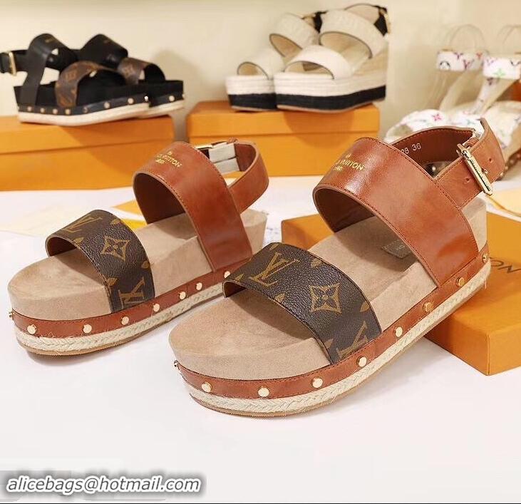 Cheap Louis Vuitton Calf Leather and Patent Monogram Canvas Timelapse Sandals LV94915 Brown 2019