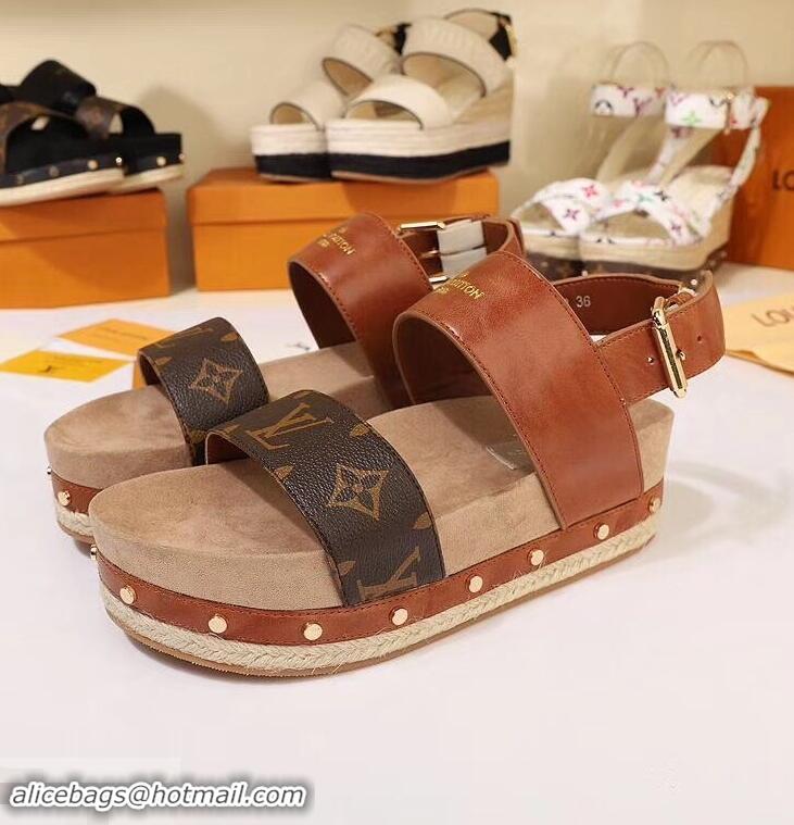 Cheap Louis Vuitton Calf Leather and Patent Monogram Canvas Timelapse Sandals LV94915 Brown 2019