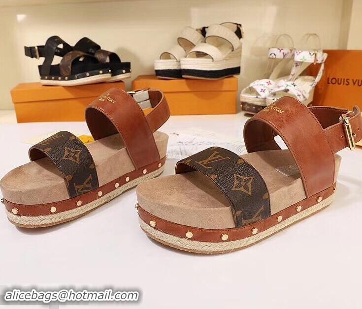 Cheap Louis Vuitton Calf Leather and Patent Monogram Canvas Timelapse Sandals LV94915 Brown 2019