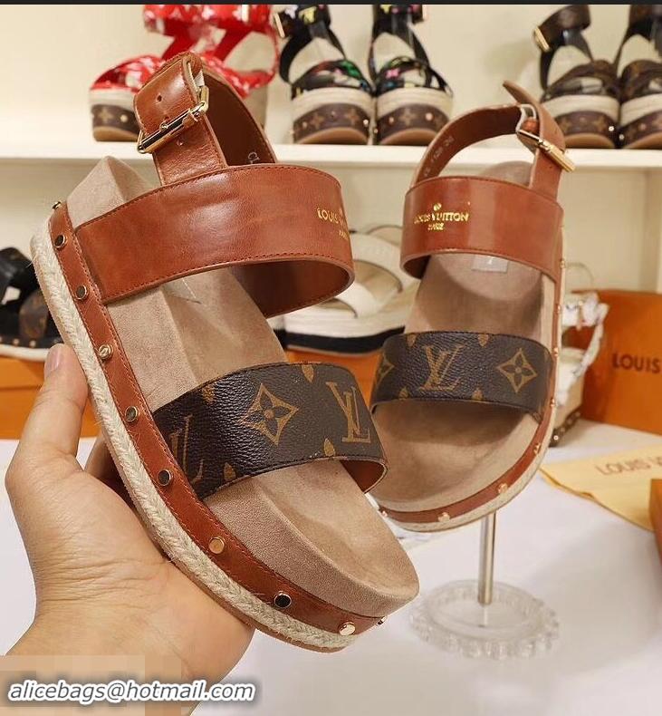 Cheap Louis Vuitton Calf Leather and Patent Monogram Canvas Timelapse Sandals LV94915 Brown 2019