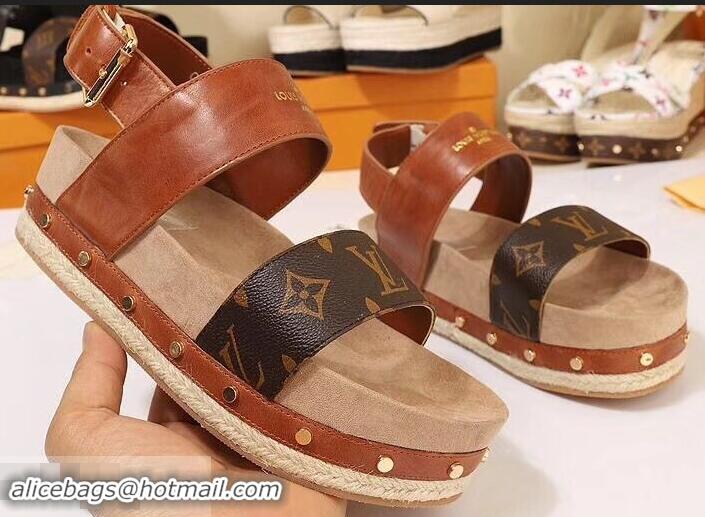 Cheap Louis Vuitton Calf Leather and Patent Monogram Canvas Timelapse Sandals LV94915 Brown 2019