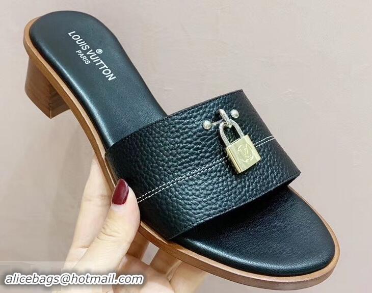 High Quality Louis Vuitton Heel 4.5cm Lock It Mules LV942921 Grained Black 2019