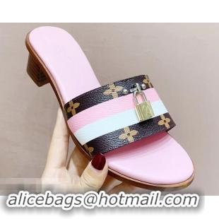 Imitation Louis Vuitton Heel 4.5cm Lock It Mules LV94928 Monogram Canvas Stripe Pink/White 2019