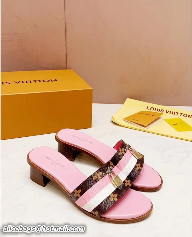 Imitation Louis Vuitton Heel 4.5cm Lock It Mules LV94928 Monogram Canvas Stripe Pink/White 2019