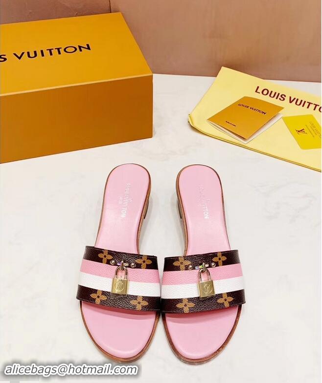 Imitation Louis Vuitton Heel 4.5cm Lock It Mules LV94928 Monogram Canvas Stripe Pink/White 2019