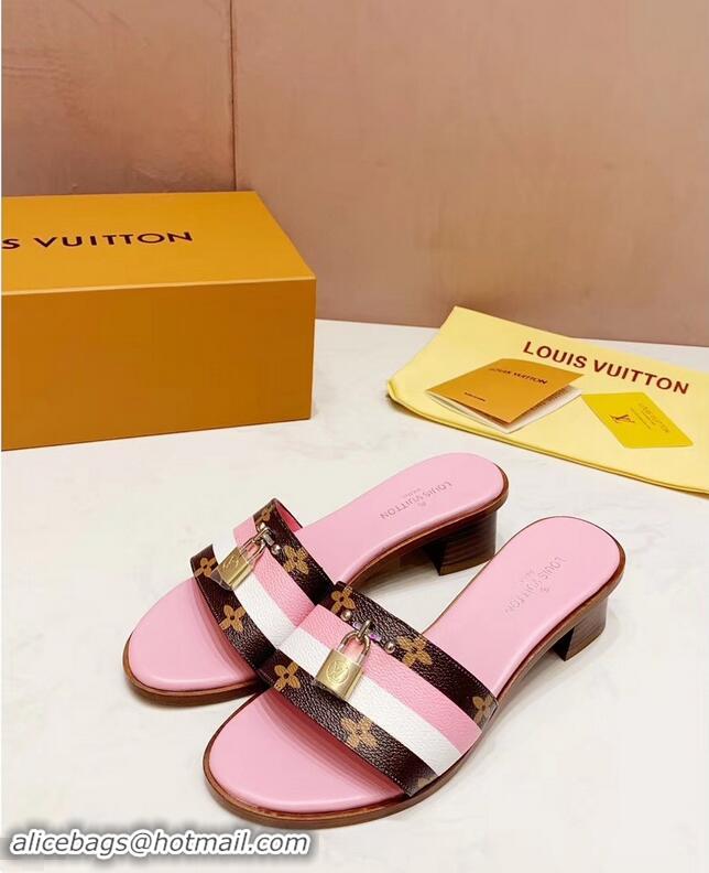 Imitation Louis Vuitton Heel 4.5cm Lock It Mules LV94928 Monogram Canvas Stripe Pink/White 2019