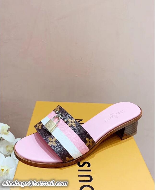 Imitation Louis Vuitton Heel 4.5cm Lock It Mules LV94928 Monogram Canvas Stripe Pink/White 2019