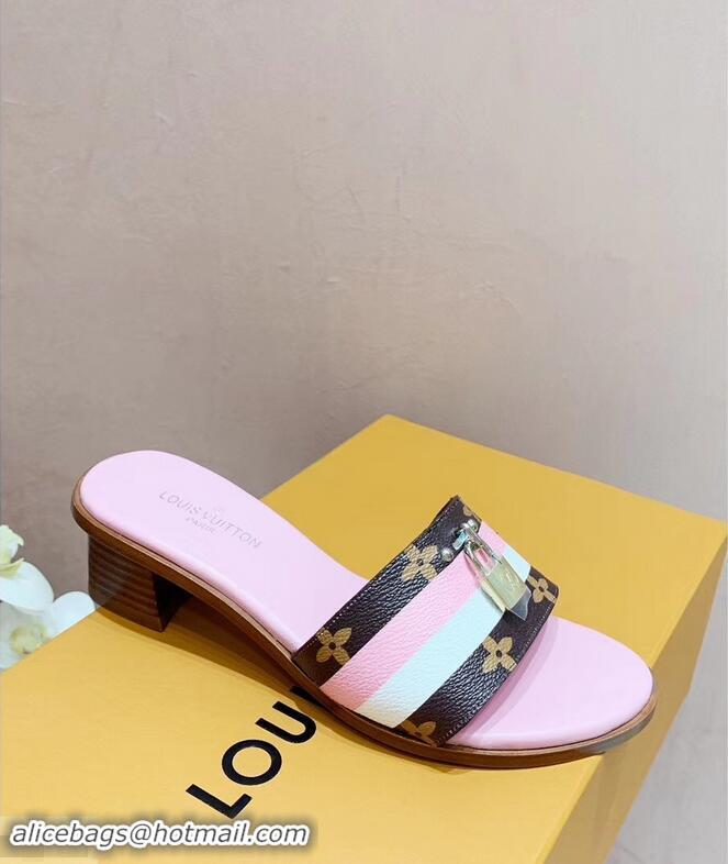 Imitation Louis Vuitton Heel 4.5cm Lock It Mules LV94928 Monogram Canvas Stripe Pink/White 2019