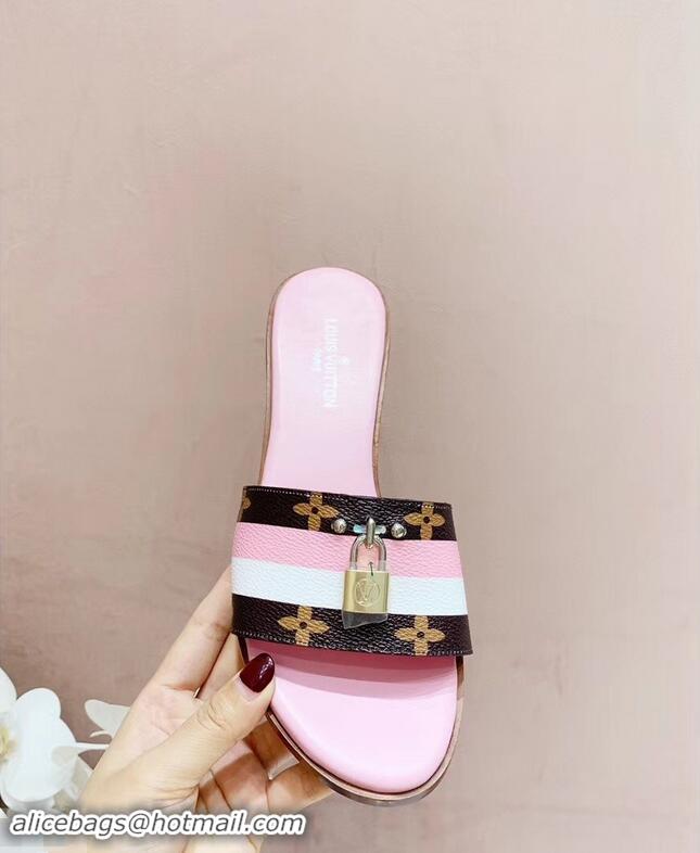 Imitation Louis Vuitton Heel 4.5cm Lock It Mules LV94928 Monogram Canvas Stripe Pink/White 2019