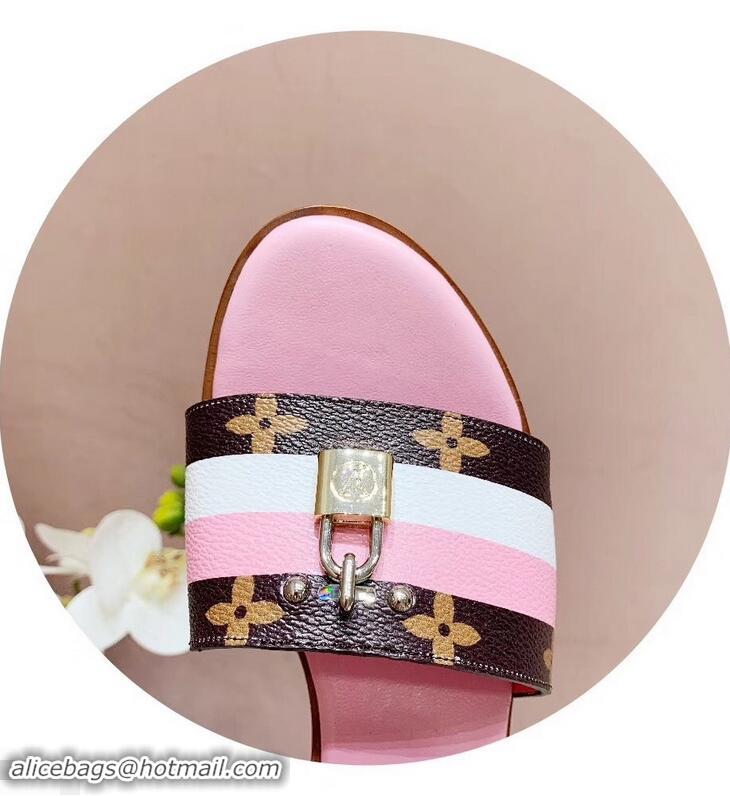 Imitation Louis Vuitton Heel 4.5cm Lock It Mules LV94928 Monogram Canvas Stripe Pink/White 2019