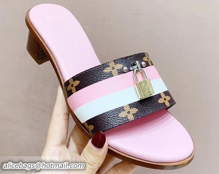 Imitation Louis Vuitton Heel 4.5cm Lock It Mules LV94928 Monogram Canvas Stripe Pink/White 2019