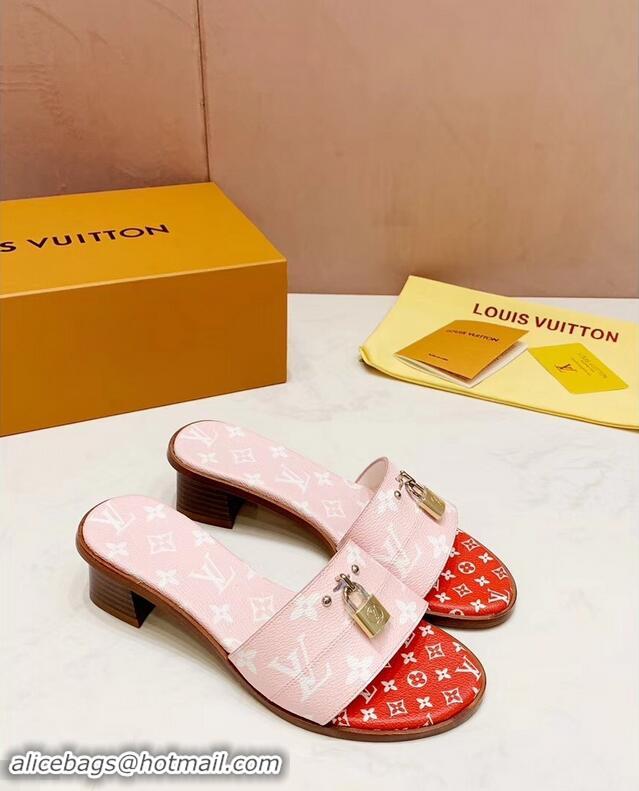 Low Price Louis Vuitton Heel 4.5cm Lock It Mules Monogram Canvas LV94930 Pink/Red 2019