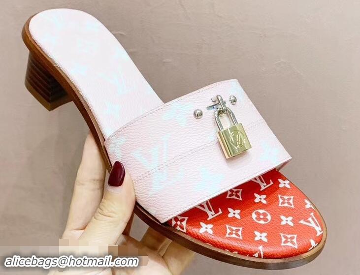 Low Price Louis Vuitton Heel 4.5cm Lock It Mules Monogram Canvas LV94930 Pink/Red 2019