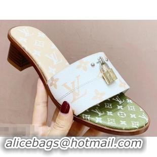 Inexpensive Louis Vuitton Heel 4.5cm Lock It Mules Monogram Canvas LV94930 White/Green/Apricot 2019