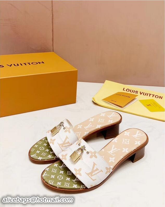 Inexpensive Louis Vuitton Heel 4.5cm Lock It Mules Monogram Canvas LV94930 White/Green/Apricot 2019