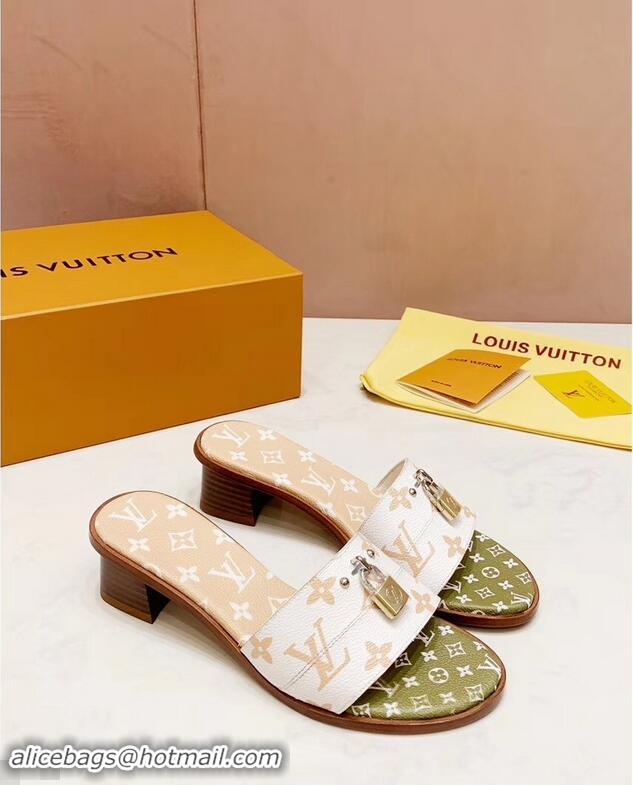 Inexpensive Louis Vuitton Heel 4.5cm Lock It Mules Monogram Canvas LV94930 White/Green/Apricot 2019