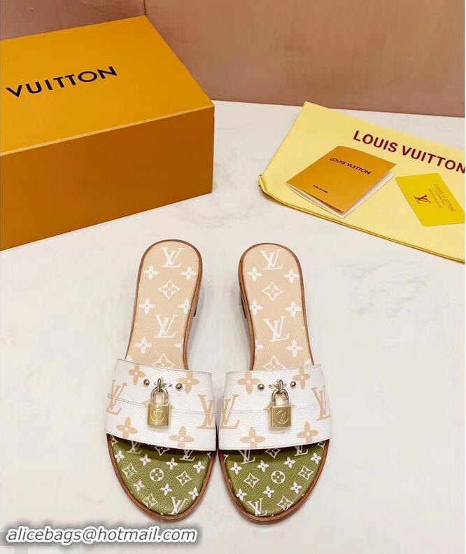 Inexpensive Louis Vuitton Heel 4.5cm Lock It Mules Monogram Canvas LV94930 White/Green/Apricot 2019