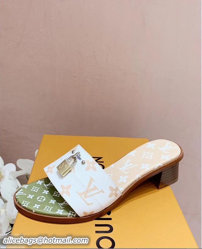 Inexpensive Louis Vuitton Heel 4.5cm Lock It Mules Monogram Canvas LV94930 White/Green/Apricot 2019