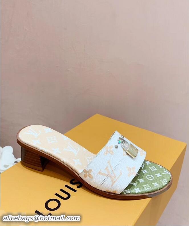 Inexpensive Louis Vuitton Heel 4.5cm Lock It Mules Monogram Canvas LV94930 White/Green/Apricot 2019