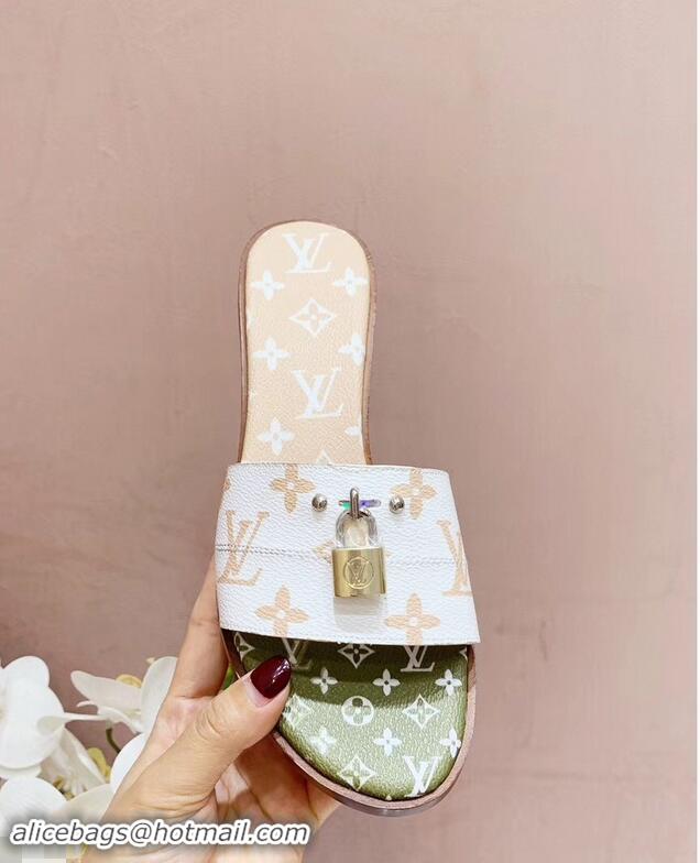 Inexpensive Louis Vuitton Heel 4.5cm Lock It Mules Monogram Canvas LV94930 White/Green/Apricot 2019