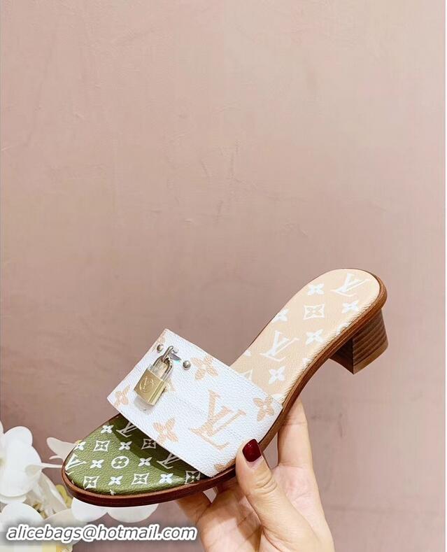 Inexpensive Louis Vuitton Heel 4.5cm Lock It Mules Monogram Canvas LV94930 White/Green/Apricot 2019